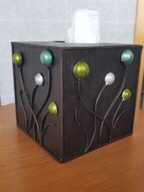 Brown Metal Tissue Box Holder Square Four-Sided Design Abstract Coastal 5.5"